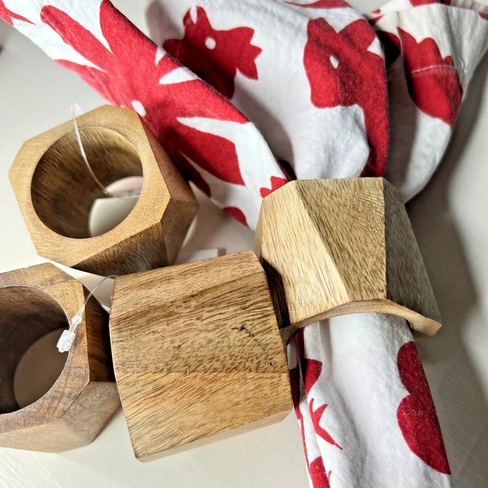 World Market Wooden Napkin Rings Set of 4 Geometric Natural Wood Table Decor